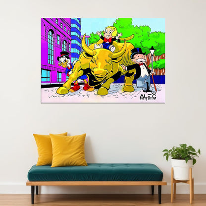 Cartoon Duck and Monopoly Guy Bull Poster Stock Market Wall Street Wall Art Home - xonomax