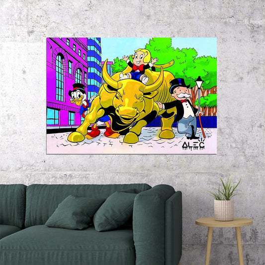 Cartoon Duck and Monopoly Guy Bull Poster Stock Market Wall Street Wall Art Home - xonomax