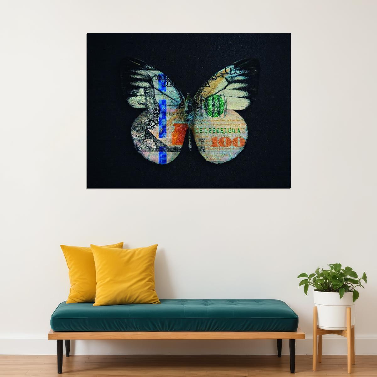 Money Butterfly Pop Art Poster Graffiti Street Art Hundred Dollar Bill Transformation Modern Print - xonomax