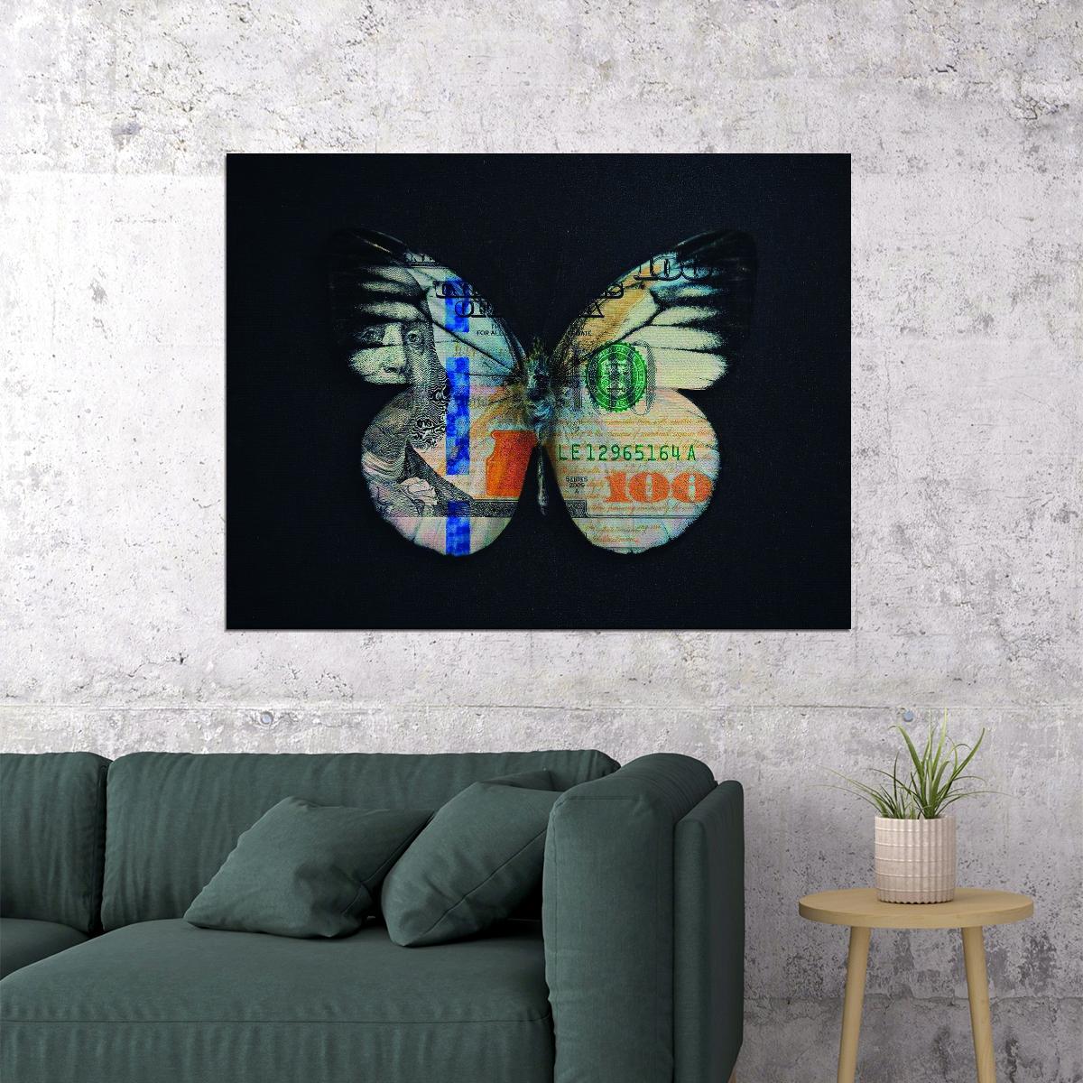 Money Butterfly Pop Art Poster Graffiti Street Art Hundred Dollar Bill Transformation Modern Print - xonomax