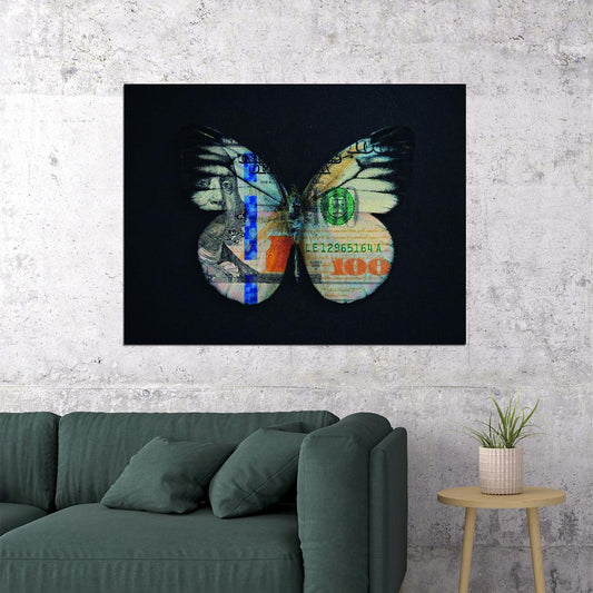 Money Butterfly Pop Art Poster Graffiti Street Art Hundred Dollar Bill Transformation Modern Print - xonomax