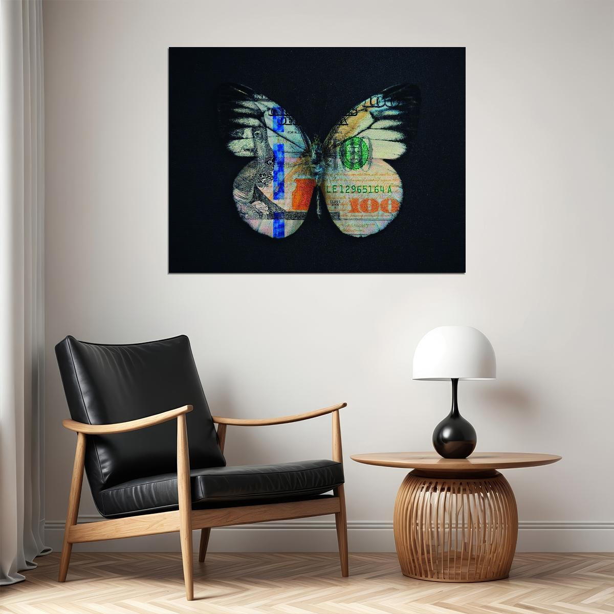Money Butterfly Pop Art Poster Graffiti Street Art Hundred Dollar Bill Transformation Modern Print - xonomax