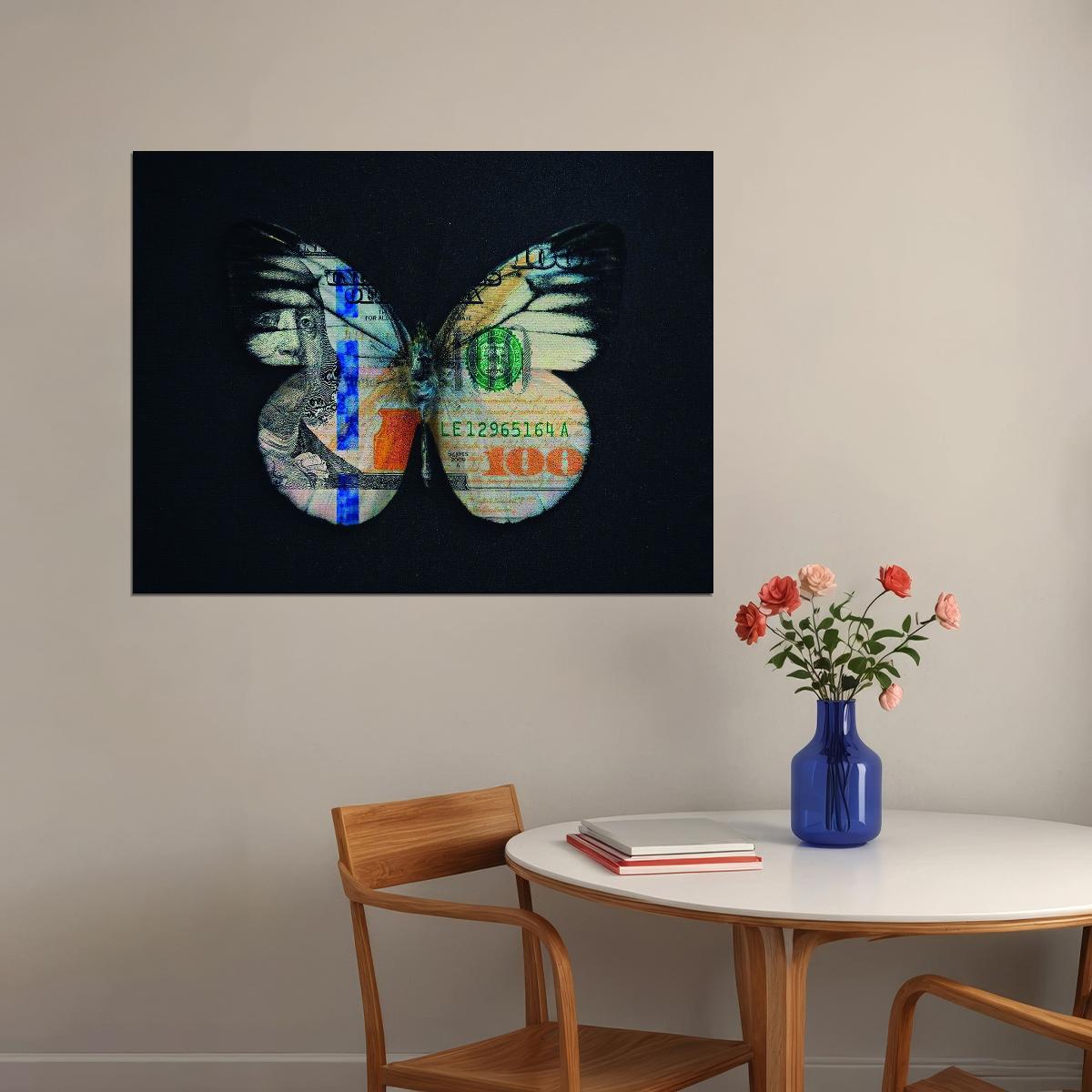 Money Butterfly Pop Art Poster Graffiti Street Art Hundred Dollar Bill Transformation Modern Print - xonomax