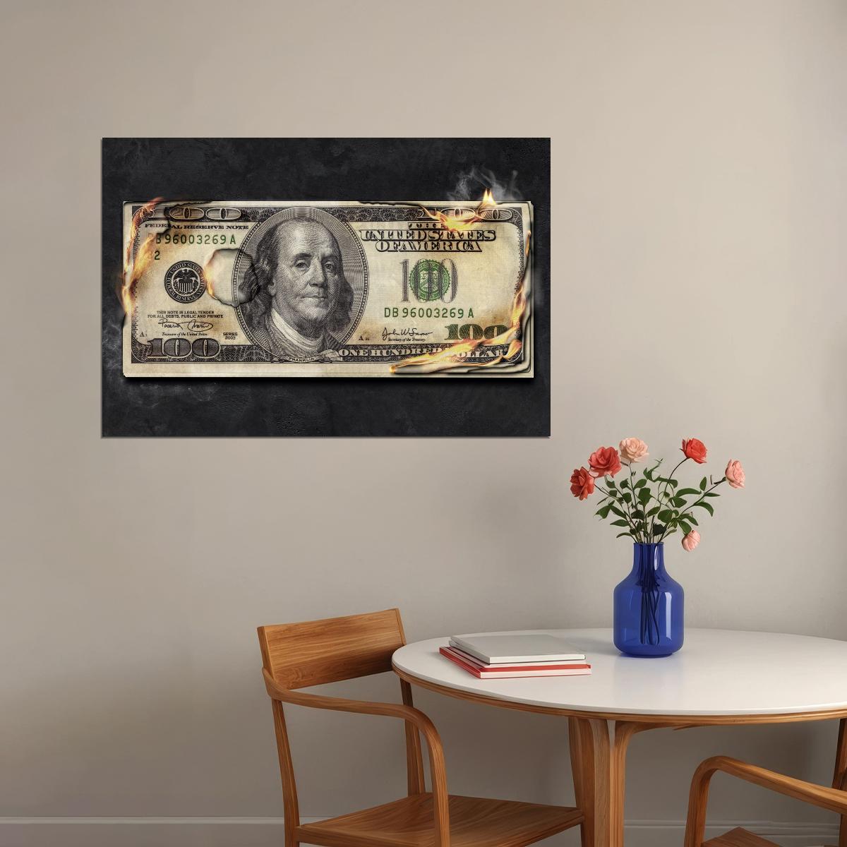 Burning Hundred Dollar Bill Pop Art Poster Graffiti Street Art Financial Revolution Modern Print - xonomax