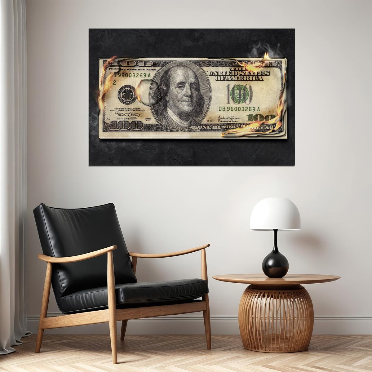 Burning Hundred Dollar Bill Pop Art Poster Graffiti Street Art Financial Revolution Modern Print - xonomax