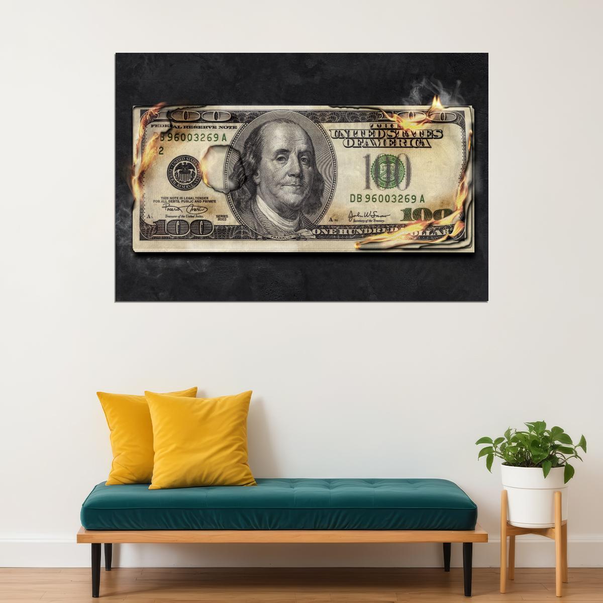 Burning Hundred Dollar Bill Pop Art Poster Graffiti Street Art Financial Revolution Modern Print - xonomax
