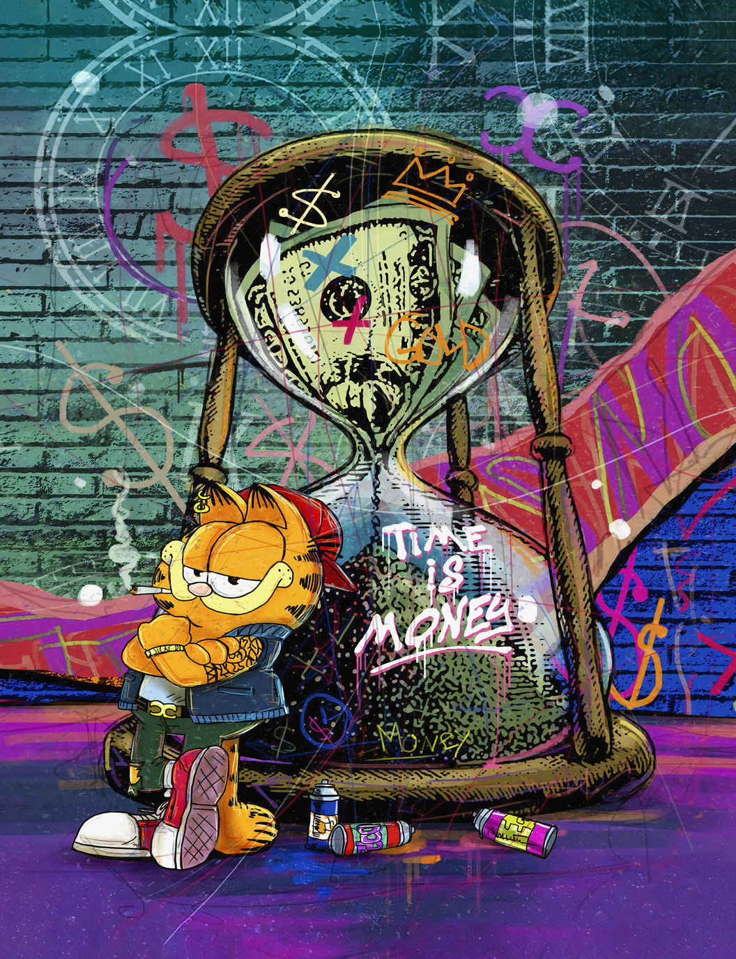 Garfield Time Is Money Pop Art Poster Graffiti Street Art Hourglass Cartoon Wealth Modern Print - xonomax