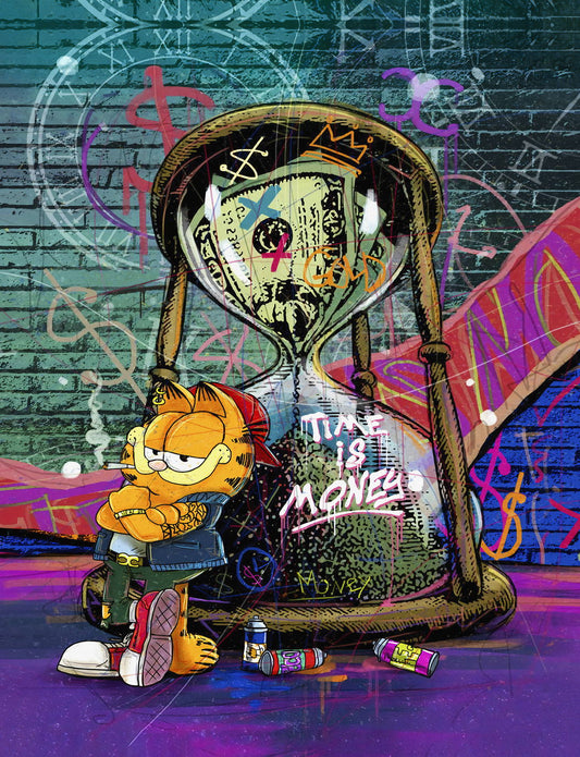Garfield Time Is Money Pop Art Poster Graffiti Street Art Hourglass Cartoon Wealth Modern Print - xonomax