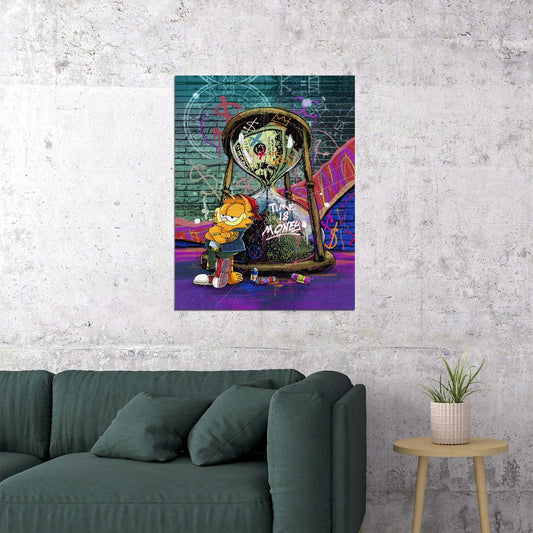 Garfield Time Is Money Pop Art Poster Graffiti Street Art Hourglass Cartoon Wealth Modern Print - xonomax