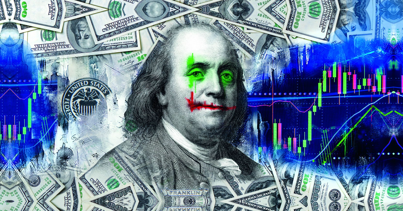 Benjamin Franklin Joker Pop Art Poster Graffiti Street Art Dollar Bills Financial Chaos Modern Print - xonomax