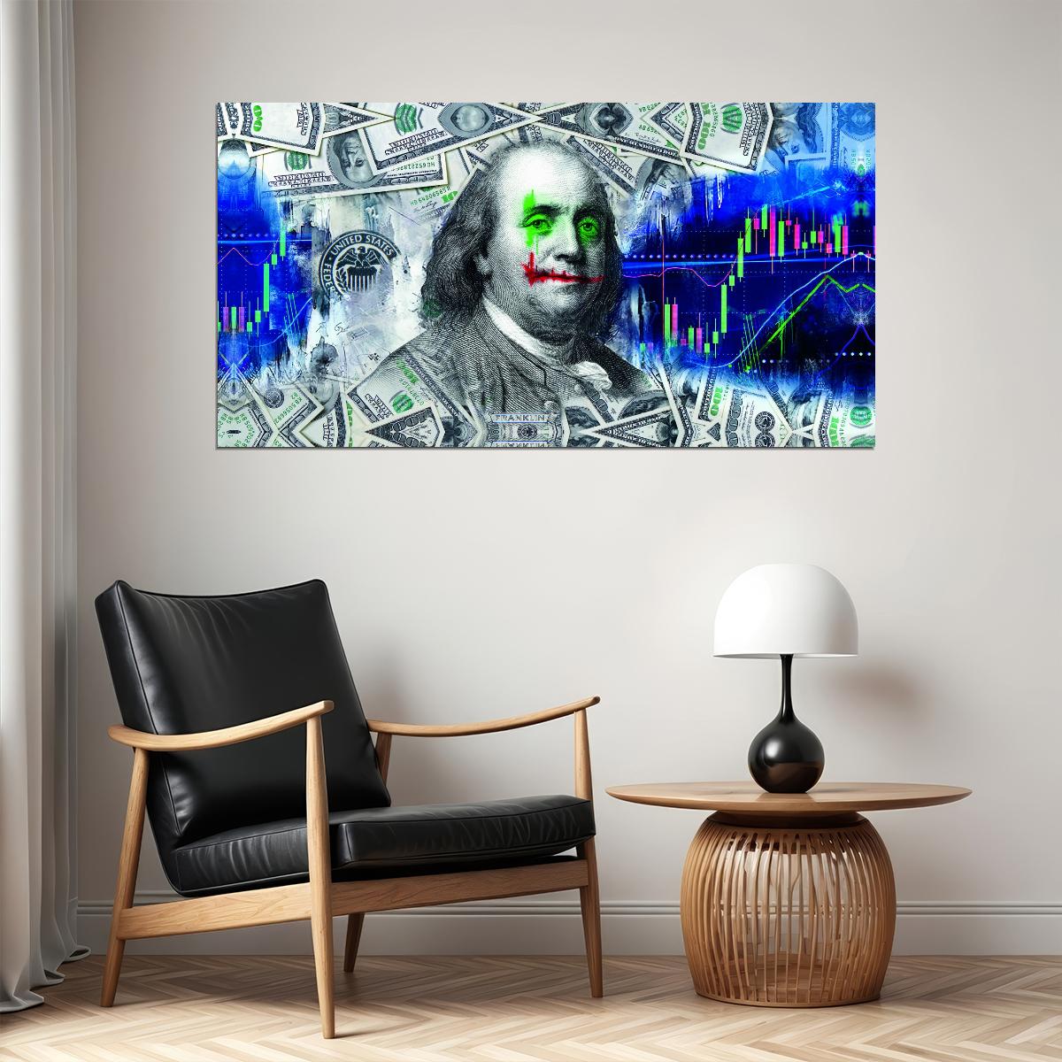 Benjamin Franklin Joker Pop Art Poster Graffiti Street Art Dollar Bills Financial Chaos Modern Print - xonomax