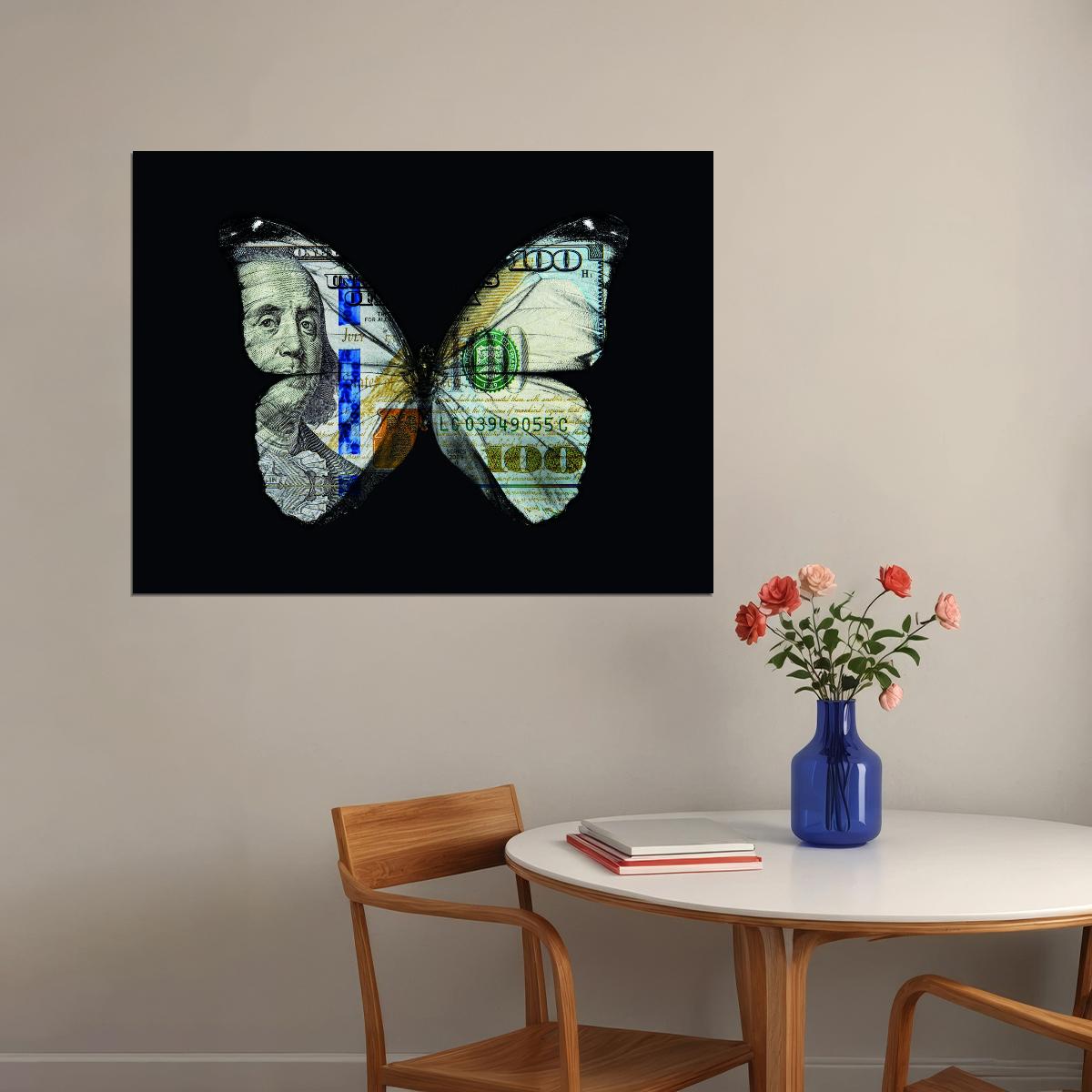 Money Butterfly Pop Art Poster Graffiti Street Art Hundred Dollar Bill Transformation Modern Print - xonomax