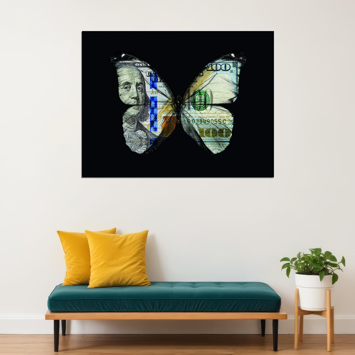 Money Butterfly Pop Art Poster Graffiti Street Art Hundred Dollar Bill Transformation Modern Print - xonomax