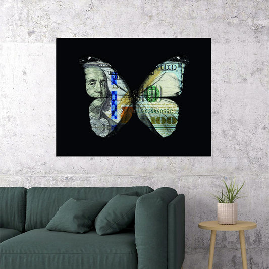 Money Butterfly Pop Art Poster Graffiti Street Art Hundred Dollar Bill Transformation Modern Print - xonomax