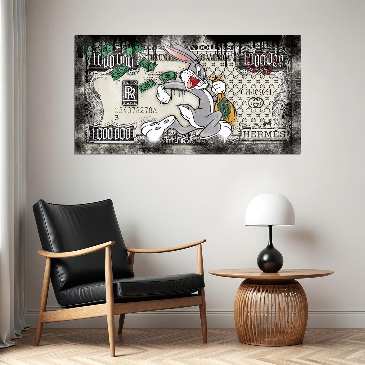 Bugs Bunny Dollar Bill Pop Art Poster Graffiti Street Art Luxury Brands Rolls Royce Hermes Modern Print - xonomax