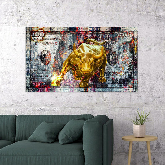 Wall Street Bull Pop Art Poster Dollar Bill Graffiti Street Art Financial Market Modern Wealth Print - xonomax