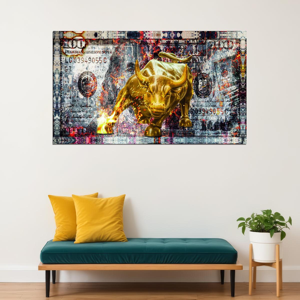 Wall Street Bull Pop Art Poster Dollar Bill Graffiti Street Art Financial Market Modern Wealth Print - xonomax