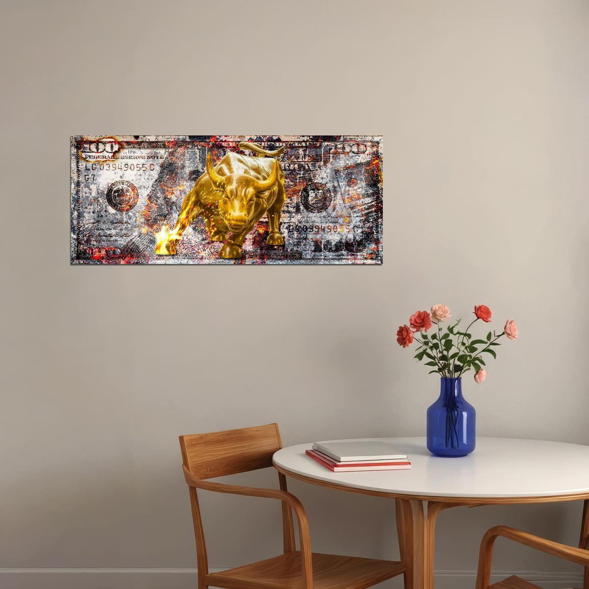 Golden Bull Money Pop Art Poster Graffiti Street Art Dollar Bill Wall Street Finance Modern Print - xonomax
