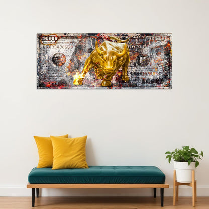 Golden Bull Money Pop Art Poster Graffiti Street Art Dollar Bill Wall Street Finance Modern Print - xonomax