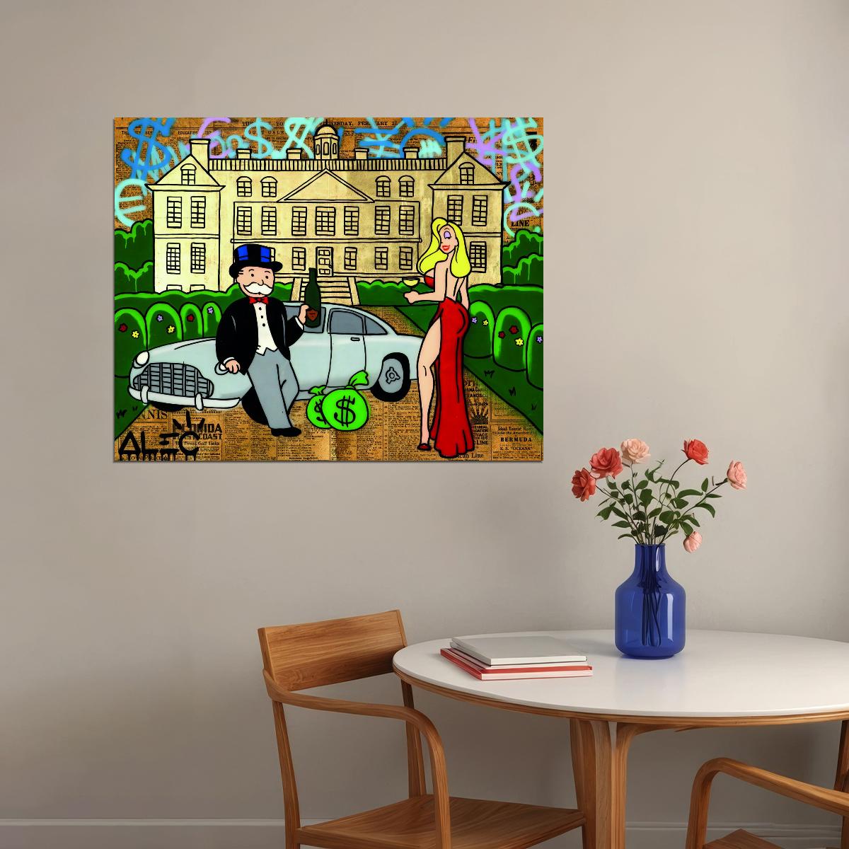 Monopoly Rich Life Pop Art Poster Graffiti Street Art Luxury Mansion and Car Wealth Cartoon Print - xonomax