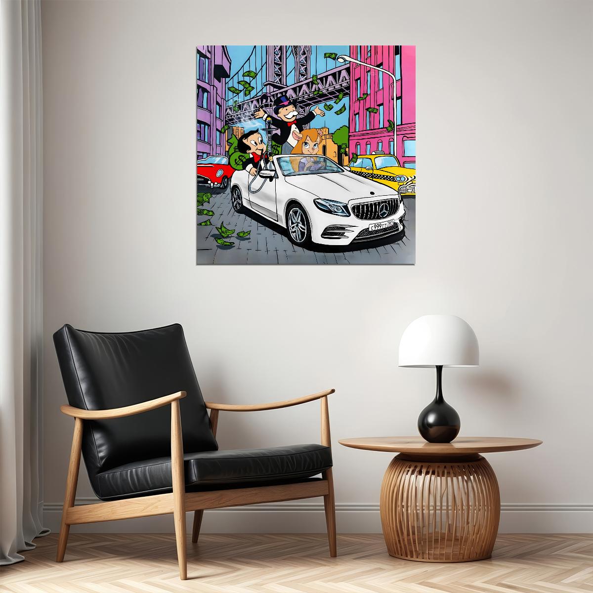 Monopoly Car Chase Pop Art Poster Graffiti Street Art Rich Life Luxury Car Cartoon Wealth Print - xonomax