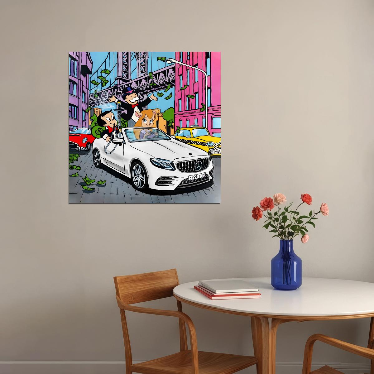 Monopoly Car Chase Pop Art Poster Graffiti Street Art Rich Life Luxury Car Cartoon Wealth Print - xonomax