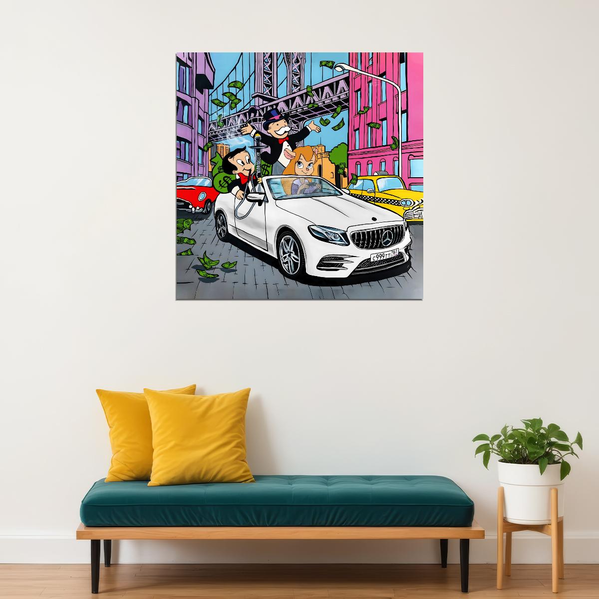 Monopoly Car Chase Pop Art Poster Graffiti Street Art Rich Life Luxury Car Cartoon Wealth Print - xonomax