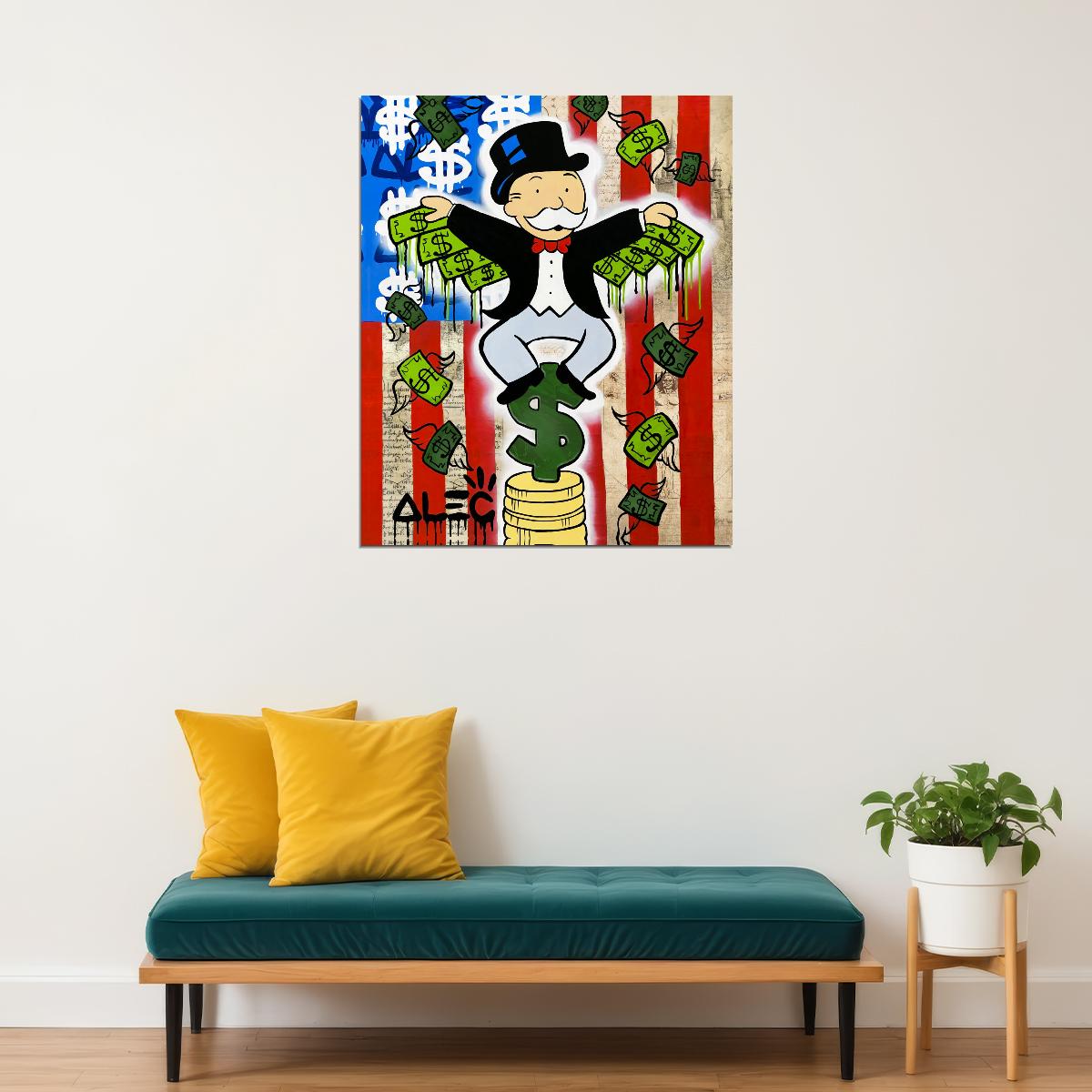 Monopoly Money Rain Pop Art Poster Graffiti Street Art Cartoon Character Wealth Success Modern Print - xonomax