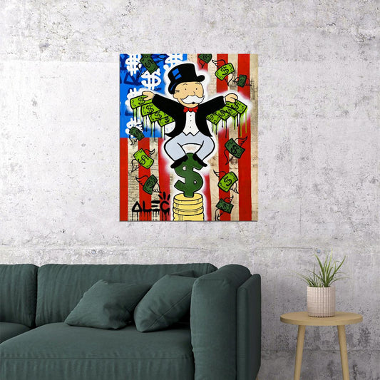Monopoly Money Rain Pop Art Poster Graffiti Street Art Cartoon Character Wealth Success Modern Print - xonomax
