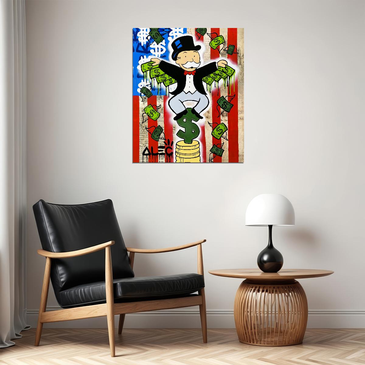 Monopoly Money Rain Pop Art Poster Graffiti Street Art Cartoon Character Wealth Success Modern Print - xonomax