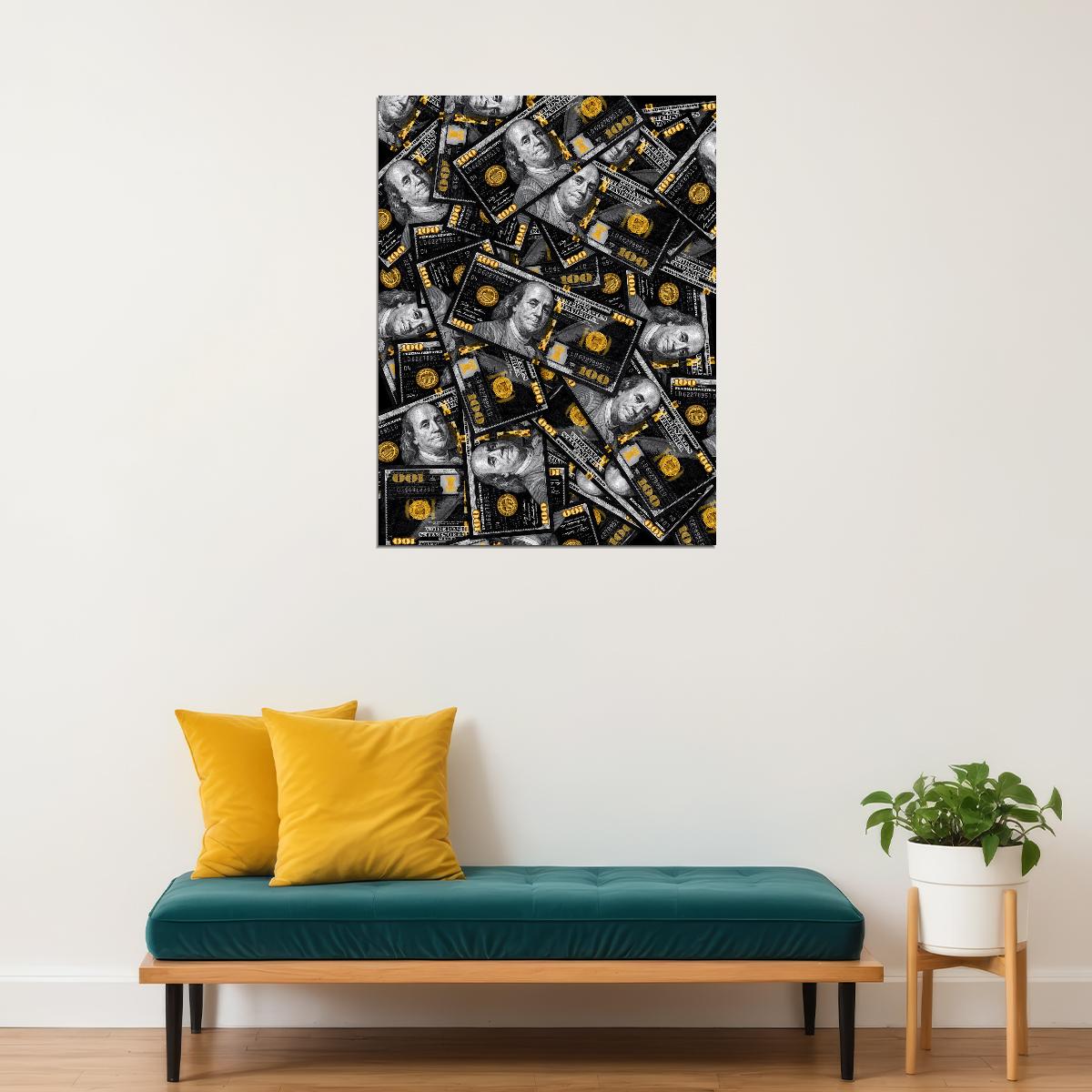 Golden Dollar Bills Pop Art Poster Graffiti Street Art Wealth Money Financial Luxury Modern Print - xonomax