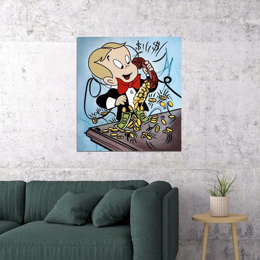 Richie Rich Phone Money Pop Art Poster Graffiti Street Art Cartoon Wealth Coins Rich Lifestyle Print - xonomax