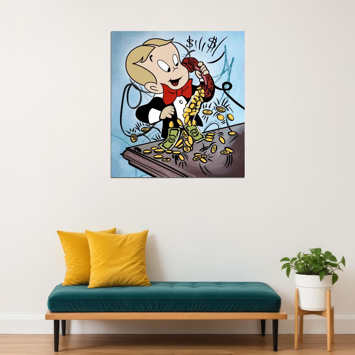 Richie Rich Phone Money Pop Art Poster Graffiti Street Art Cartoon Wealth Coins Rich Lifestyle Print - xonomax