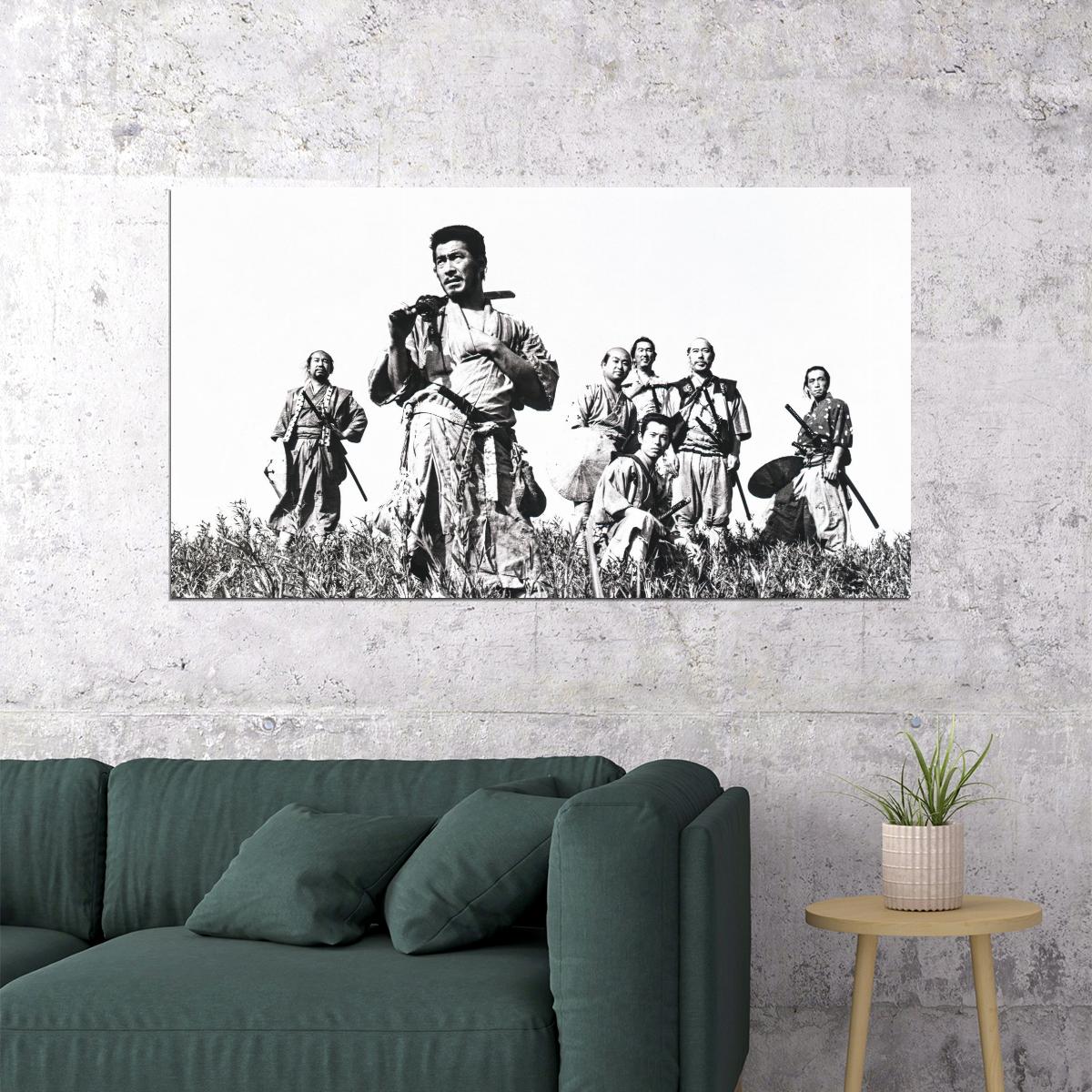 Seven Samurai Movie Poster 1954 Iconic Akira Kurosawa Classic Japanese Film Black and White Wall Art Print