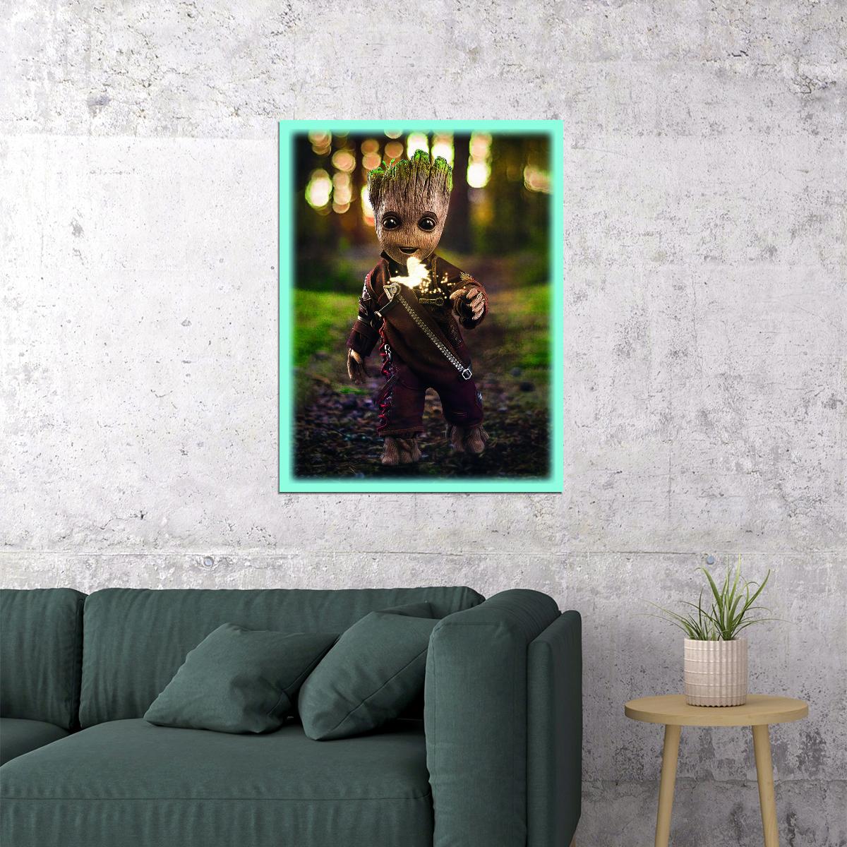 Baby Groot Guardians of the Galaxy Poster Iconic Marvel Character Forest Scene Wall Print