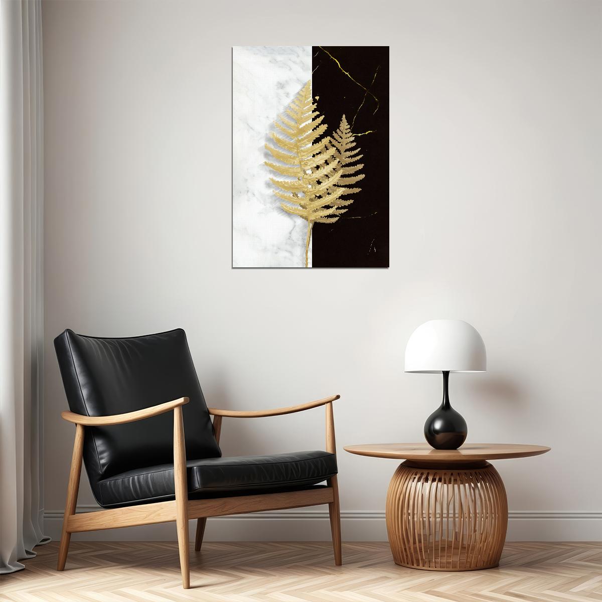 Golden Fern Botanical Art Poster Elegant Black and White Minimalist Nature Print Modern Luxury Wall Decor - xonomax