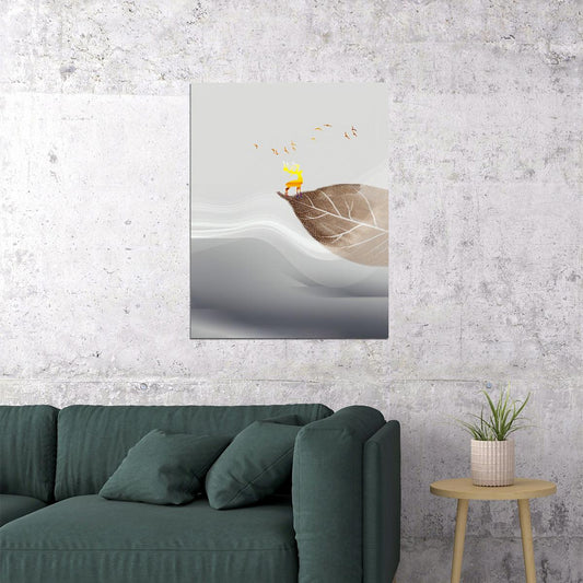 Minimalist Bird and Leaf Nature Poster Calm Zen Scandinavian Art Modern Boho Wall Decor - xonomax