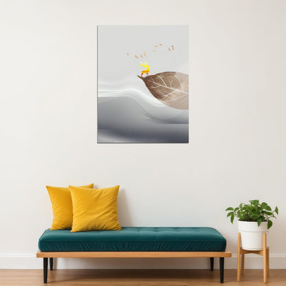 Minimalist Bird and Leaf Nature Poster Calm Zen Scandinavian Art Modern Boho Wall Decor - xonomax