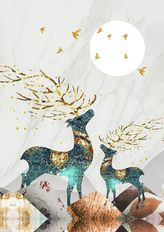 Nordic Abstract Gold Elk Scandinavian Deer and Moon Poster Boho Nature Art Mystical Forest Nordic Wall Decor Print - xonomax