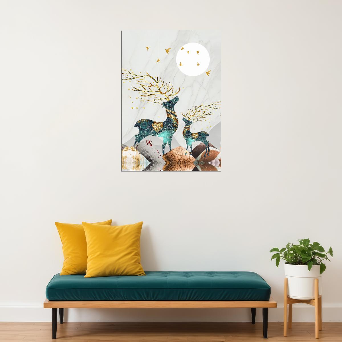 Nordic Abstract Gold Elk Scandinavian Deer and Moon Poster Boho Nature Art Mystical Forest Nordic Wall Decor Print - xonomax