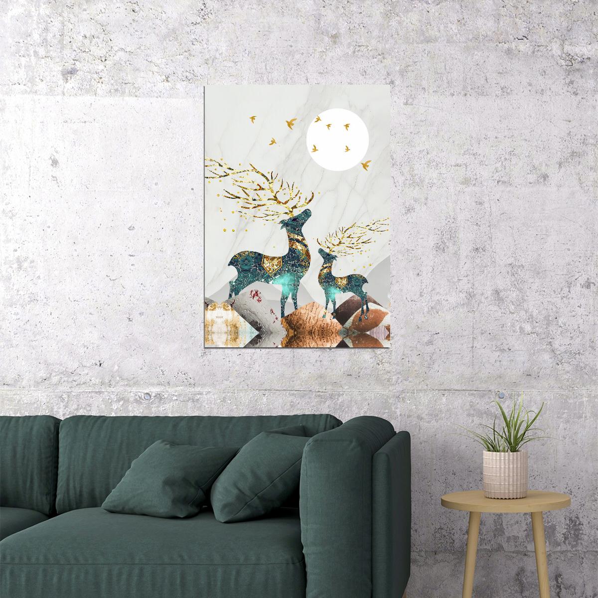 Nordic Abstract Gold Elk Scandinavian Deer and Moon Poster Boho Nature Art Mystical Forest Nordic Wall Decor Print - xonomax