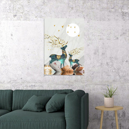 Nordic Abstract Gold Elk Scandinavian Deer and Moon Poster Boho Nature Art Mystical Forest Nordic Wall Decor Print - xonomax