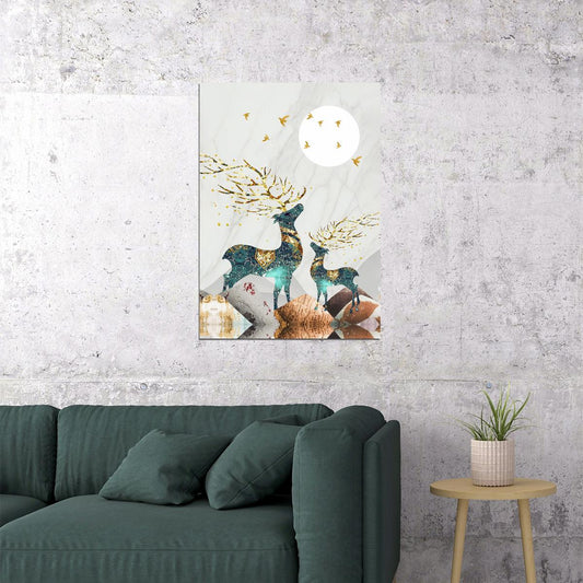 Nordic Abstract Gold Elk Scandinavian Deer and Moon Poster Boho Nature Art Mystical Forest Nordic Wall Decor Print - xonomax