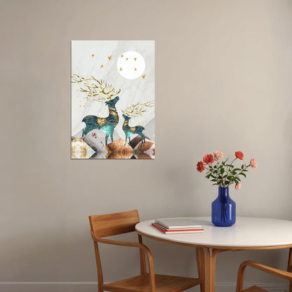 Nordic Abstract Gold Elk Scandinavian Deer and Moon Poster Boho Nature Art Mystical Forest Nordic Wall Decor Print - xonomax