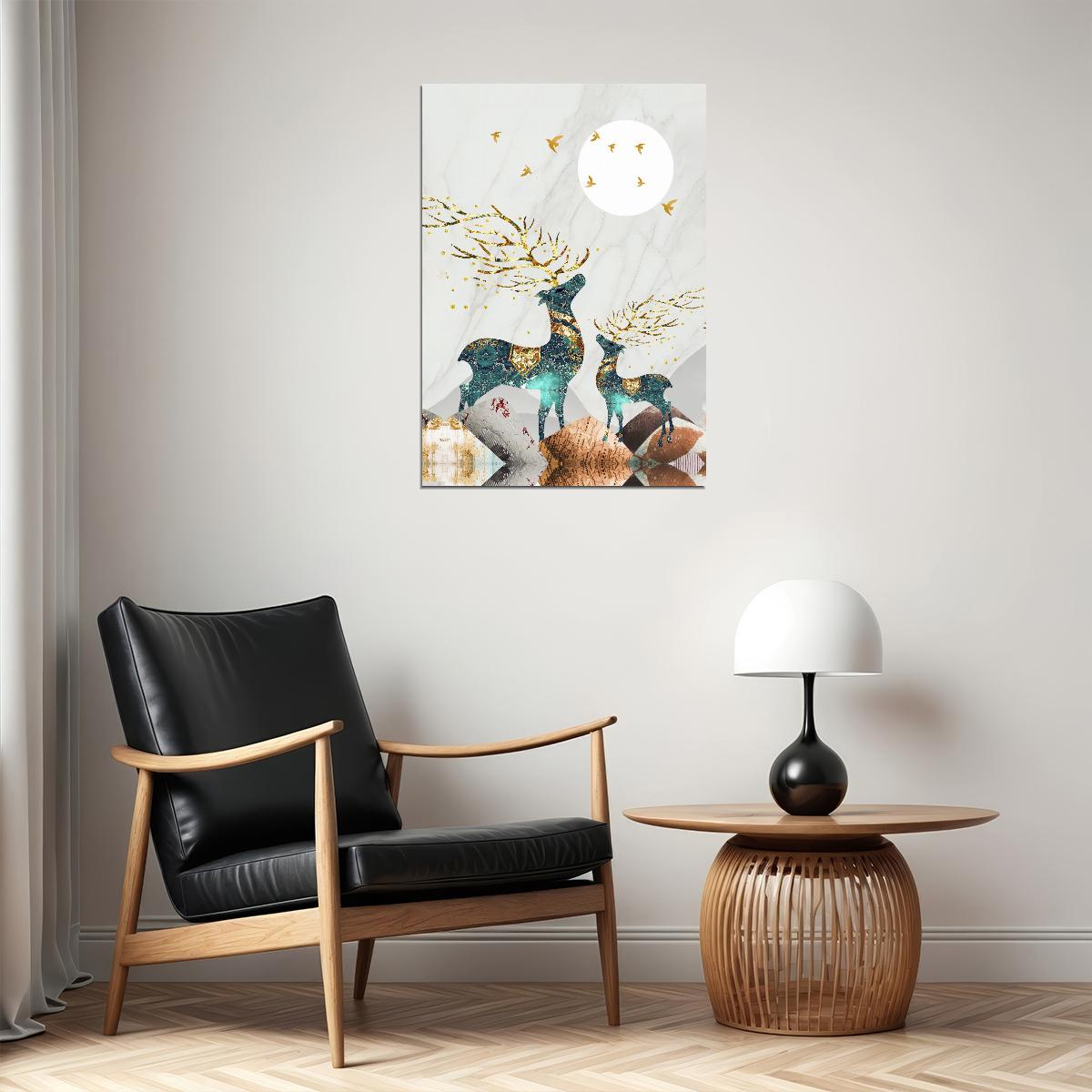 Nordic Abstract Gold Elk Scandinavian Deer and Moon Poster Boho Nature Art Mystical Forest Nordic Wall Decor Print - xonomax