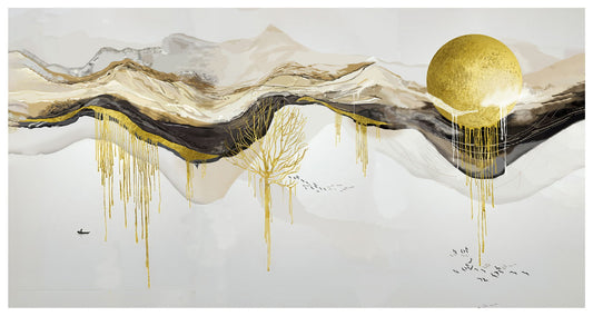 Golden Mountain Landscape Poster Abstract Nature Art Modern Minimalist Wall Decor Luxury Aesthetic Print - xonomax