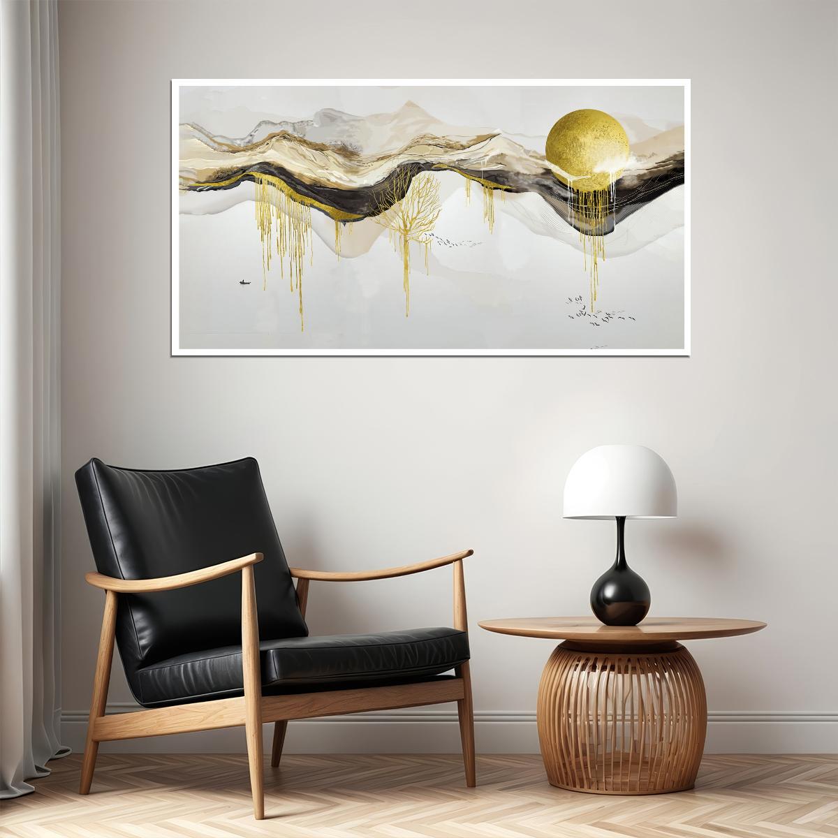 Golden Mountain Landscape Poster Abstract Nature Art Modern Minimalist Wall Decor Luxury Aesthetic Print - xonomax