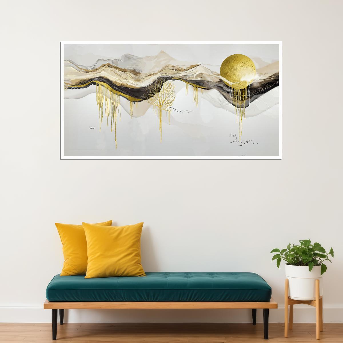 Golden Mountain Landscape Poster Abstract Nature Art Modern Minimalist Wall Decor Luxury Aesthetic Print - xonomax