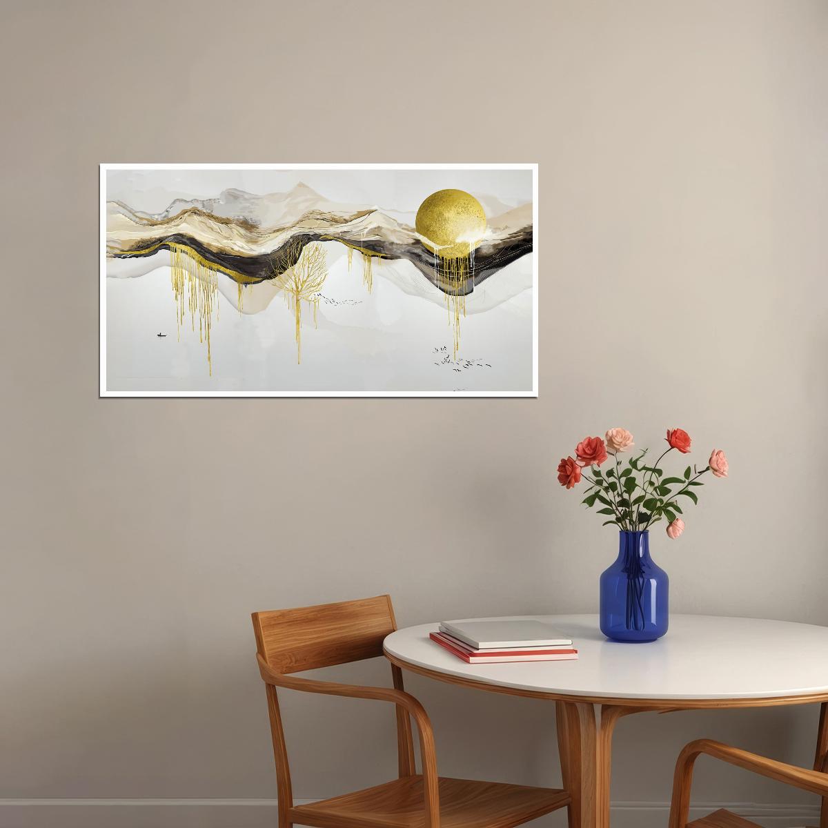 Golden Mountain Landscape Poster Abstract Nature Art Modern Minimalist Wall Decor Luxury Aesthetic Print - xonomax