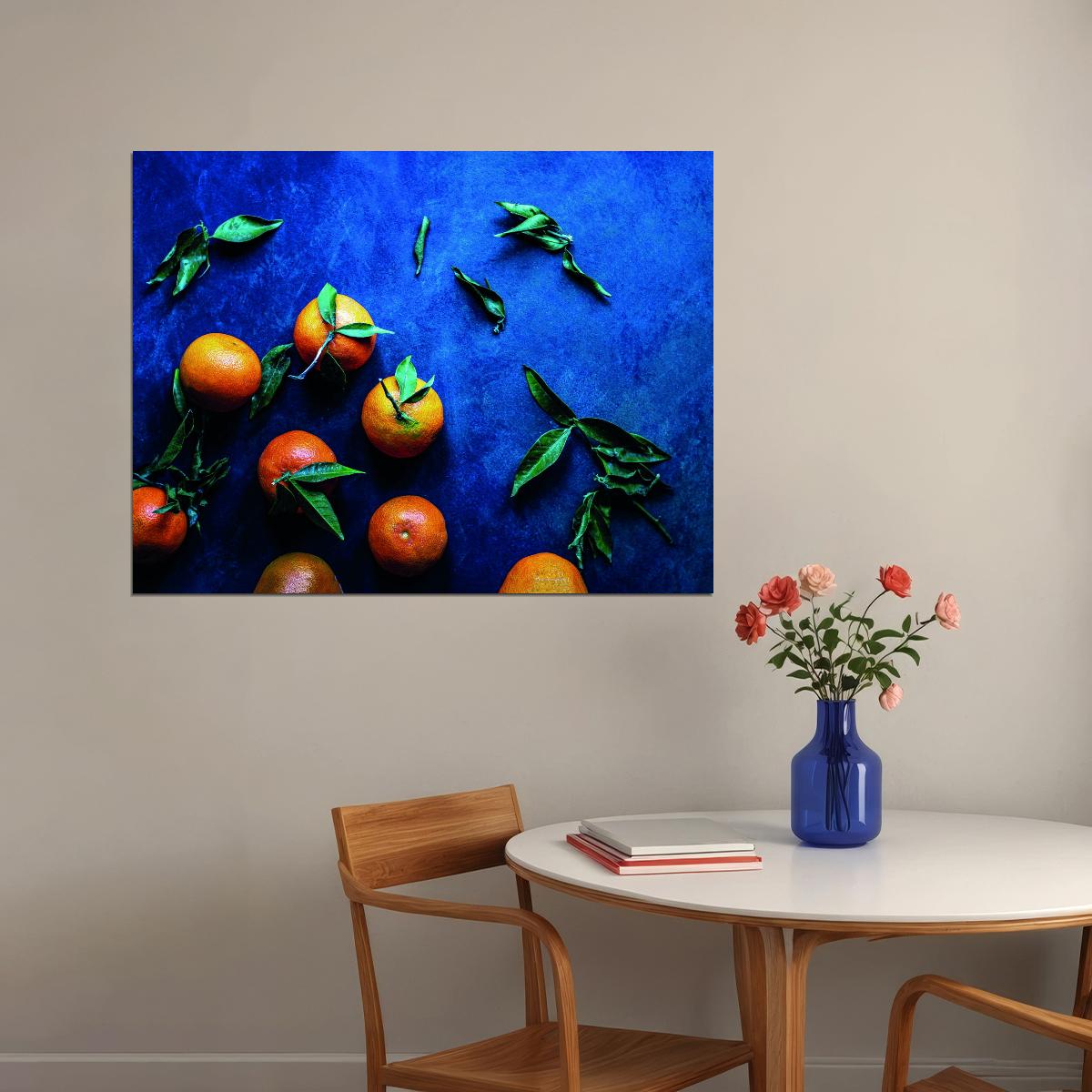 Tangerine Winter Print Colorful Eclectic Kitchen Poster Blue Mandarin Still Life Bold Modern Art Rustic Kitchen Wall Decor Fruit Aesthetic Print - xonomax